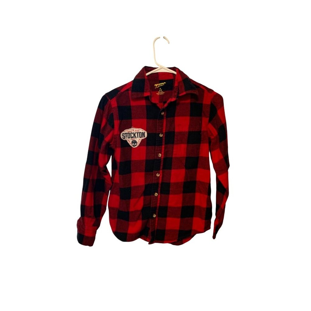 Arizona Jean Boys Size XL 14 16 Red Buffalo Print Fannel Plaid Shirt Button Up L